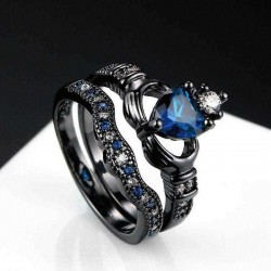 Blue Zirconia Gemstone Crown Ring Love Heart Stackable Finger Ring Set for Women