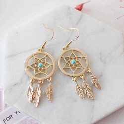 Bohemia Dreamcatcher Feather Charm Earrings Women Gold Colors Leaf Hollow Earrings