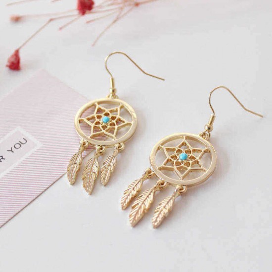 Bohemia Dreamcatcher Feather Charm Earrings Women Gold Colors Leaf Hollow Earrings