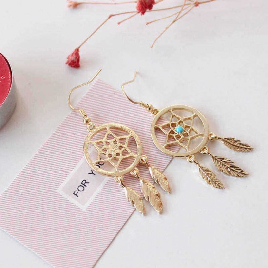 Bohemia Dreamcatcher Feather Charm Earrings Women Gold Colors Leaf Hollow Earrings