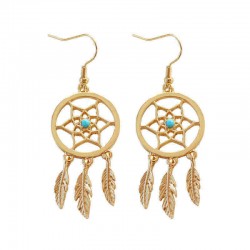 Bohemia Dreamcatcher Feather Charm Earrings Women Gold Colors Leaf Hollow Earrings