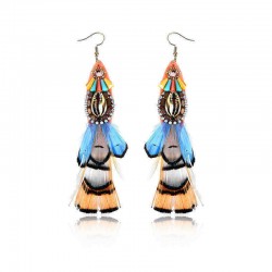 Bohemian 14K Gold Plated Retro Ethnic Feather Pendant Shell Shiny Zircon Earrings for Women