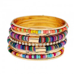 Bohemian Bead Fabric Rhinestone Multilayer Metal Bangle Bracelet