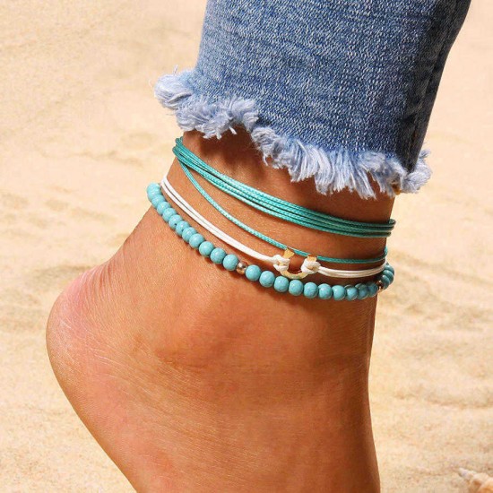 Bohemian Blue Beaded Anklet A Set of Wax Rope Beads Multilayer Anklets Ethnic Jewelry for Women