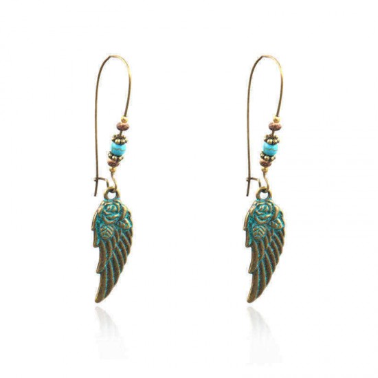 Bohemian Blue Green Feather Shape Dangle Earring Flower Leaf Carving Silver Earrings for Women