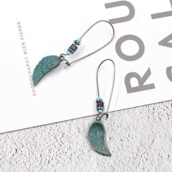 Bohemian Blue Green Feather Shape Dangle Earring Flower Leaf Carving Silver Earrings for Women