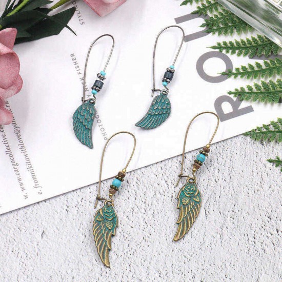 Bohemian Blue Green Feather Shape Dangle Earring Flower Leaf Carving Silver Earrings for Women