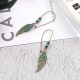 Bohemian Blue Green Feather Shape Dangle Earring Flower Leaf Carving Silver Earrings for Women