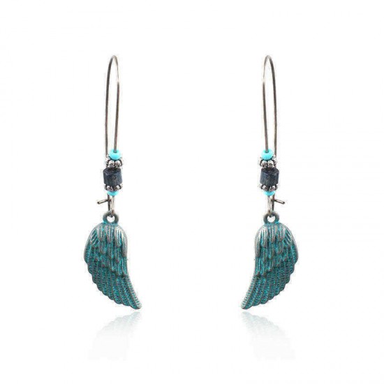 Bohemian Blue Green Feather Shape Dangle Earring Flower Leaf Carving Silver Earrings for Women