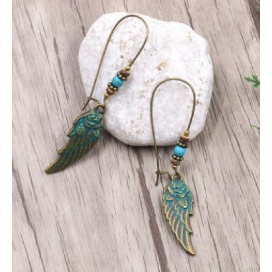 Bohemian Blue Green Feather Shape Dangle Earring Flower Leaf Carving Silver Earrings for Women