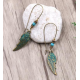 Bohemian Blue Green Feather Shape Dangle Earring Flower Leaf Carving Silver Earrings for Women