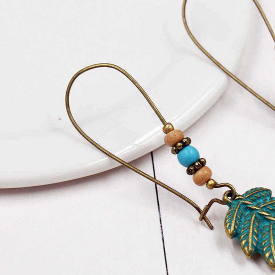 Bohemian Blue Leaf Turquoise Tassel Earrings Vintage Beads Charming Pendant Earring Drop for Women