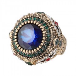 Bohemian Blue Rhinestone Finger Rings Ethnic Gold Plated Round Geometric Ring  Jewelry for Women