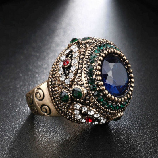 Bohemian Blue Rhinestone Finger Rings Ethnic Gold Plated Round Geometric Ring  Jewelry for Women