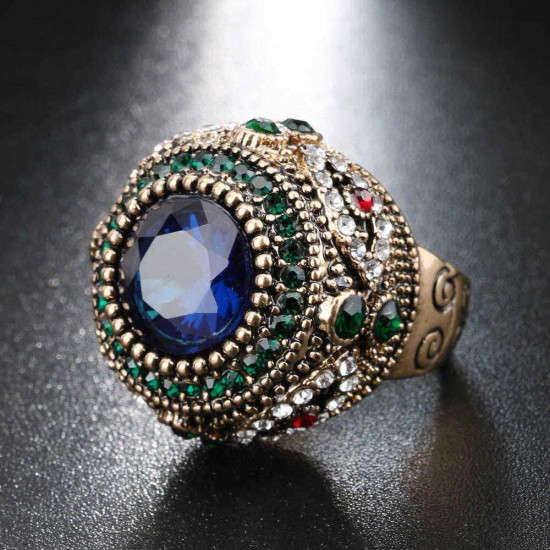 Bohemian Blue Rhinestone Finger Rings Ethnic Gold Plated Round Geometric Ring  Jewelry for Women