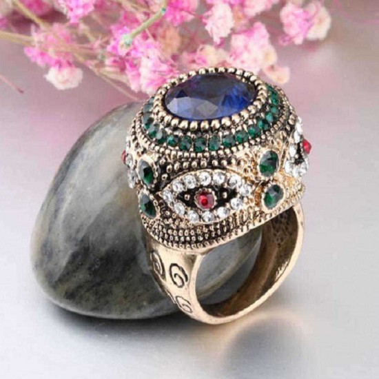 Bohemian Blue Rhinestone Finger Rings Ethnic Gold Plated Round Geometric Ring  Jewelry for Women