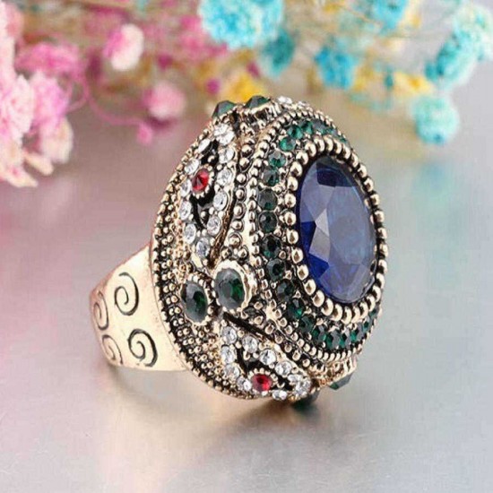 Bohemian Blue Rhinestone Finger Rings Ethnic Gold Plated Round Geometric Ring  Jewelry for Women