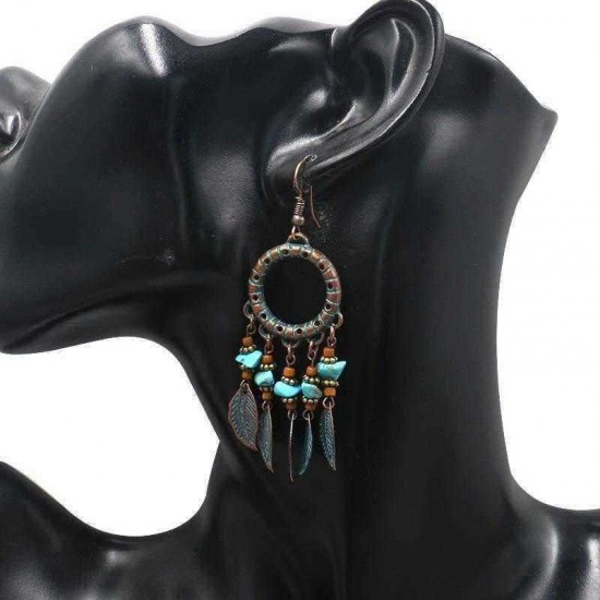 Bohemian Blue Stone Multi-layer Leaf Ear Drop Earrings Tassels Women Earring