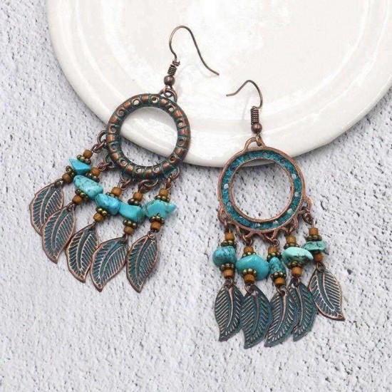 Bohemian Blue Stone Multi-layer Leaf Ear Drop Earrings Tassels Women Earring