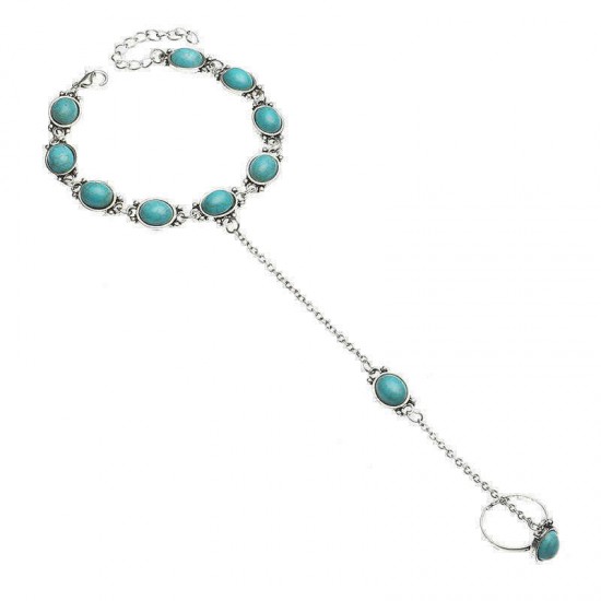 Bohemian Blue Turquoise Ring Bracelet Vintage Alloy Chain Bracelet Women Jewelry