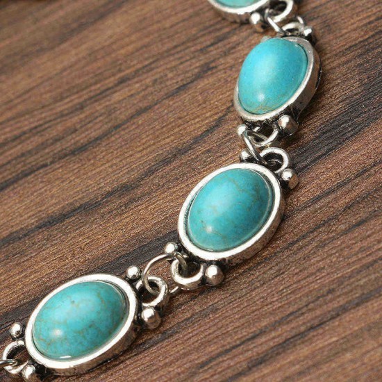 Bohemian Blue Turquoise Ring Bracelet Vintage Alloy Chain Bracelet Women Jewelry