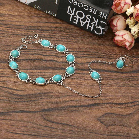 Bohemian Blue Turquoise Ring Bracelet Vintage Alloy Chain Bracelet Women Jewelry