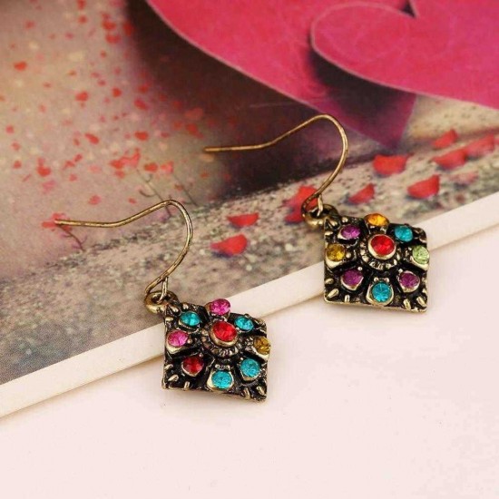 Bohemian Colorful Diamond Ear Drop Square Alloy Rhinestone Earring For Women