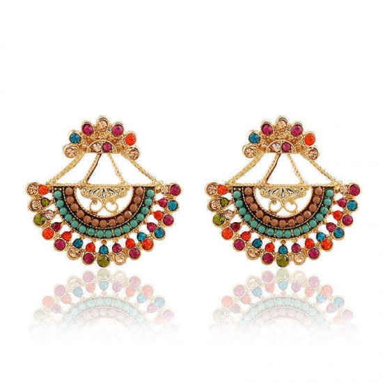 Bohemian Colorful Sector Drop Earrings Semicircle Rhinestone Piercing Ear Jacket Earring for Women