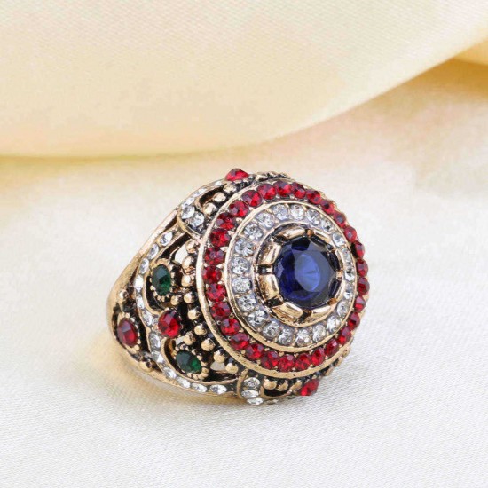 Bohemian Gold Plated Finger Ring Opal Blue Resin Crystal Hollow Rings Ethnic Gift for Women