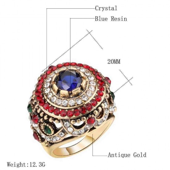 Bohemian Gold Plated Finger Ring Opal Blue Resin Crystal Hollow Rings Ethnic Gift for Women