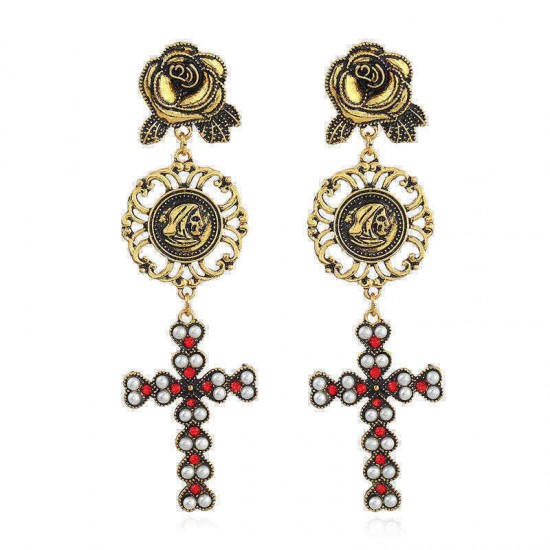 Bohemian Gold Plated Rose Flower Cross Gold Earring Drop Long Dangle Earrings for Women