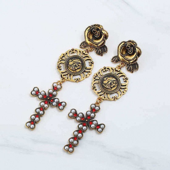 Bohemian Gold Plated Rose Flower Cross Gold Earring Drop Long Dangle Earrings for Women