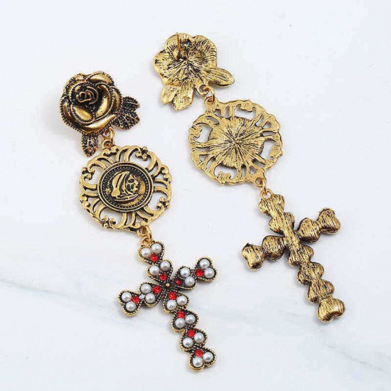 Bohemian Gold Plated Rose Flower Cross Gold Earring Drop Long Dangle Earrings for Women