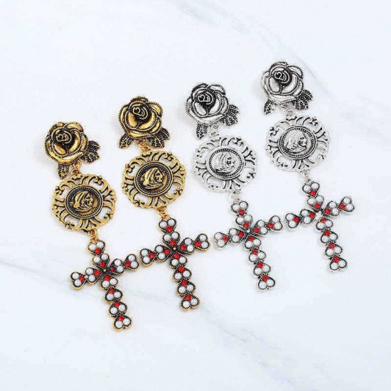 Bohemian Gold Plated Rose Flower Cross Gold Earring Drop Long Dangle Earrings for Women