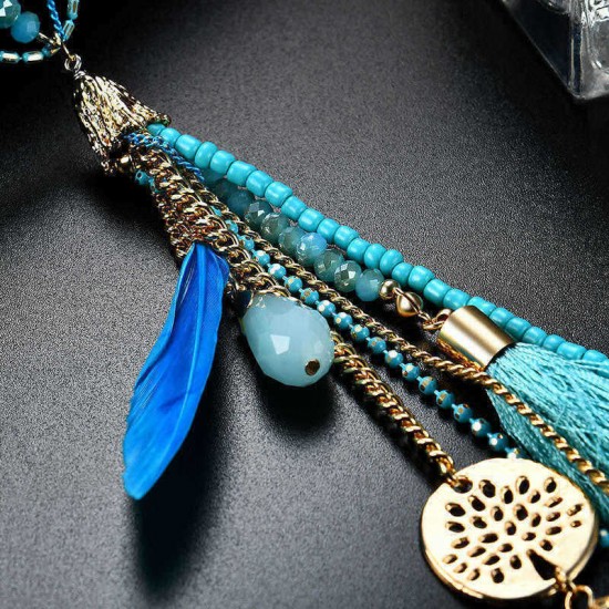 Bohemian Green Crystal Beads Pendant Chain Feather Tassel Long Necklace for Women