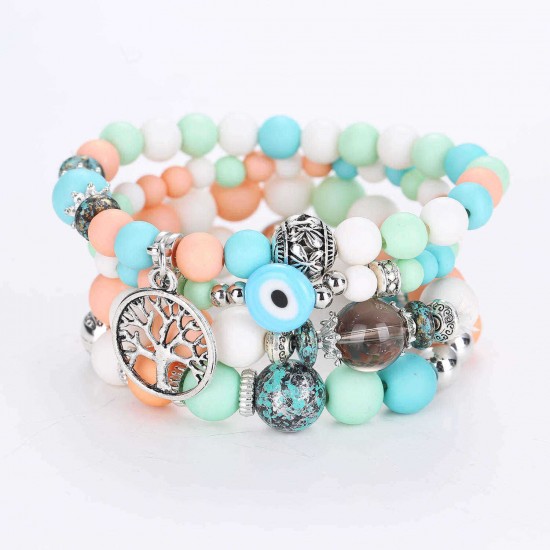 Bohemian Hollow Tree of Life Elastic Beads Multilayer Bangle Bracelet Gift for Women