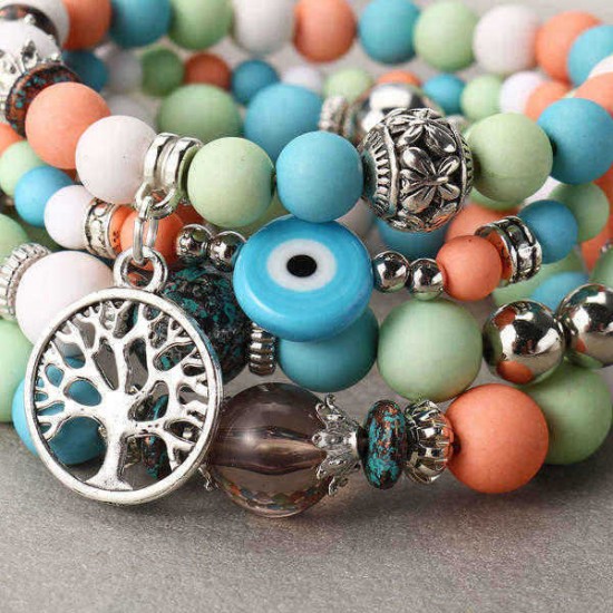 Bohemian Hollow Tree of Life Elastic Beads Multilayer Bangle Bracelet Gift for Women