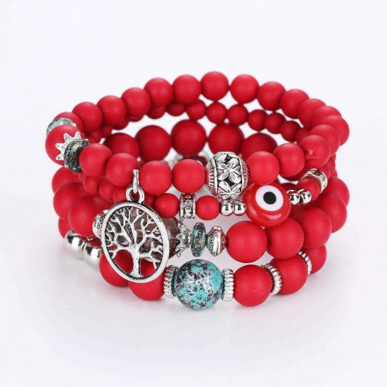 Bohemian Hollow Tree of Life Elastic Beads Multilayer Bangle Bracelet Gift for Women