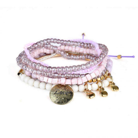 Bohemian Love Print Coin Pendant Beads Multilayer Adjustable Bracelet for Women Clothing Accessories