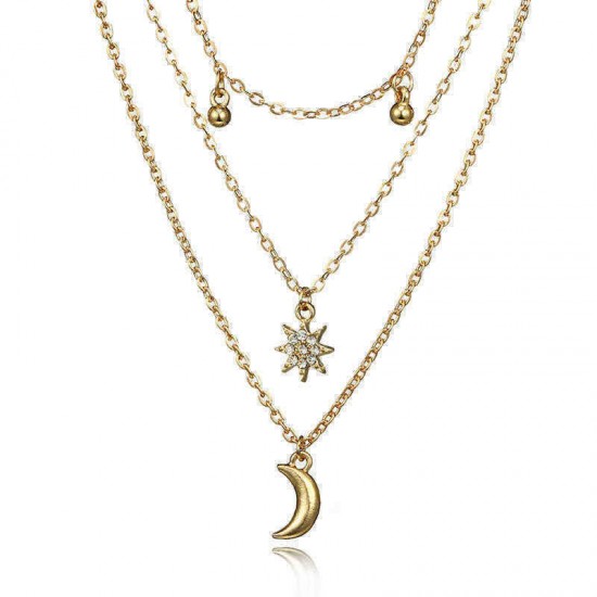 Bohemian Moon Multi-layer Pendant Necklace Sun Rhinestone Bell Tassel Chain Necklace