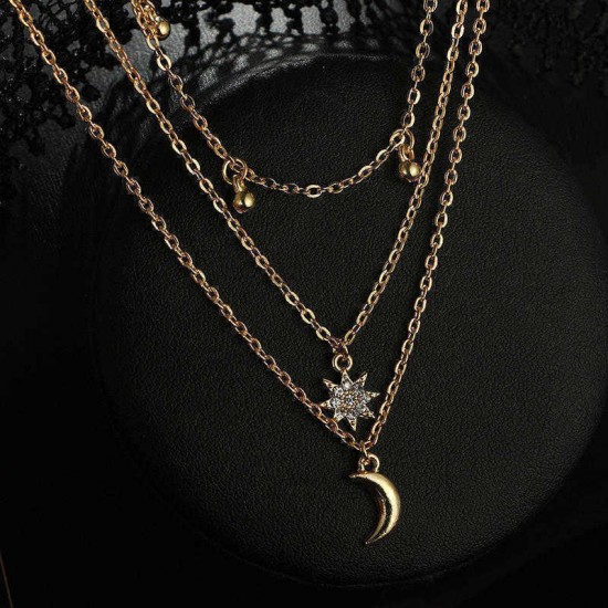 Bohemian Moon Multi-layer Pendant Necklace Sun Rhinestone Bell Tassel Chain Necklace