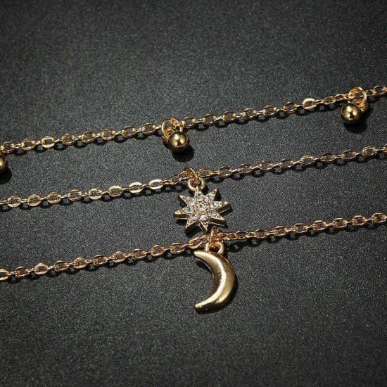 Bohemian Moon Multi-layer Pendant Necklace Sun Rhinestone Bell Tassel Chain Necklace