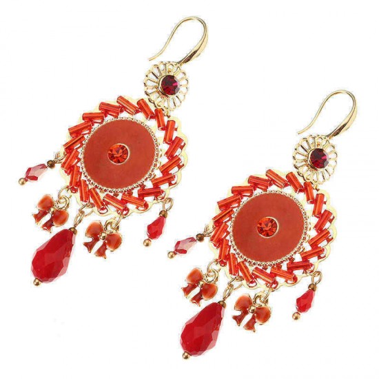 Bohemian Retro 14K Gold Plated Earrings Ethnic Sun Shape Bowknot Red Zircon Ear Drop for Women