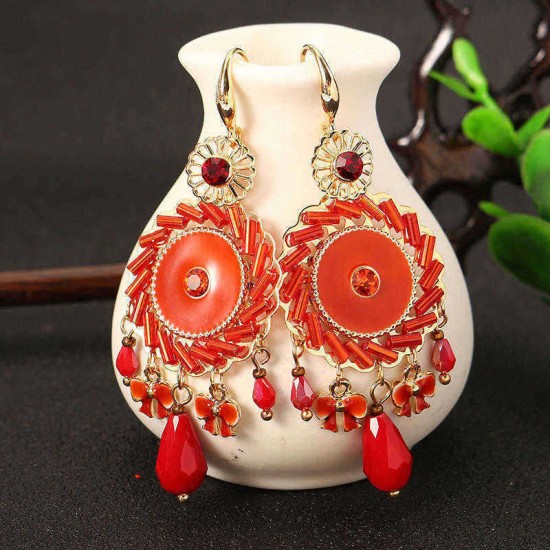 Bohemian Retro 14K Gold Plated Earrings Ethnic Sun Shape Bowknot Red Zircon Ear Drop for Women