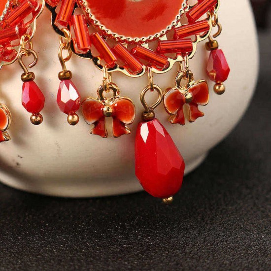 Bohemian Retro 14K Gold Plated Earrings Ethnic Sun Shape Bowknot Red Zircon Ear Drop for Women