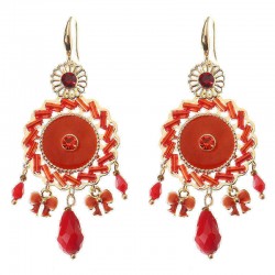 Bohemian Retro 14K Gold Plated Earrings Ethnic Sun Shape Bowknot Red Zircon Ear Drop for Women