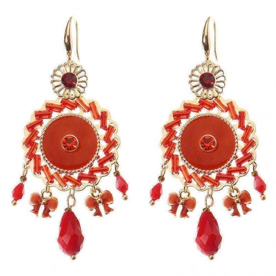 Bohemian Retro 14K Gold Plated Earrings Ethnic Sun Shape Bowknot Red Zircon Ear Drop for Women