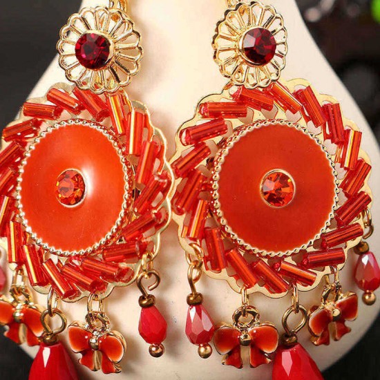 Bohemian Retro 14K Gold Plated Earrings Ethnic Sun Shape Bowknot Red Zircon Ear Drop for Women