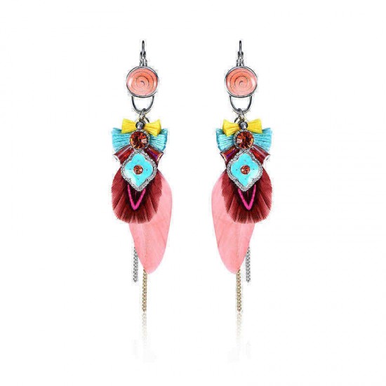 Bohemian Retro 14K Gold Plated Earrings Luxury Platinum Tassel Pendant Feather Ear Drop for Women