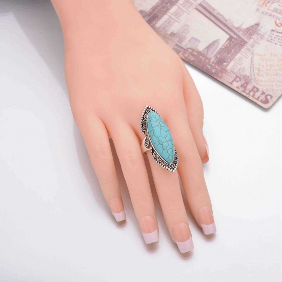 Bohemian Retro Blue Turquoise Ring Sliver Carved Women Rings Accessories